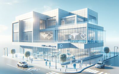 Modern medical building with glass exterior and healthcare icons for hospital or clinic services.