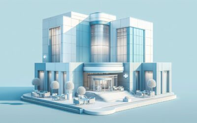 Modern hospital building with glass facade and surrounding trees, representing healthcare and medica.