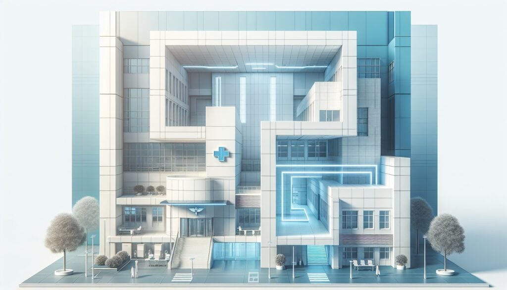 Modern hospital building with advanced medical technology and clean, bright architecture.