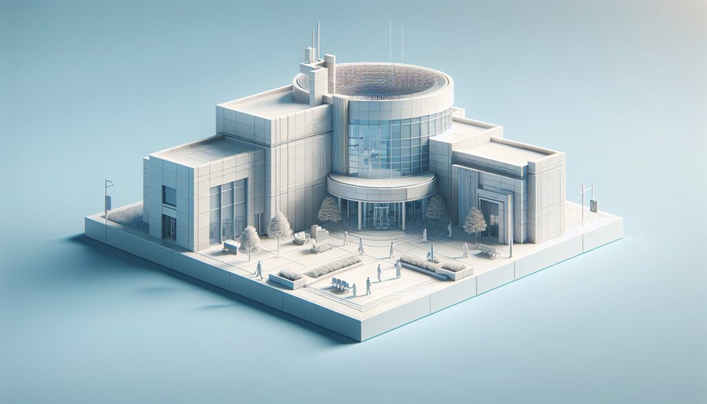Modern hospital building with glass facade and surrounding outdoor area, representing healthcare inf.