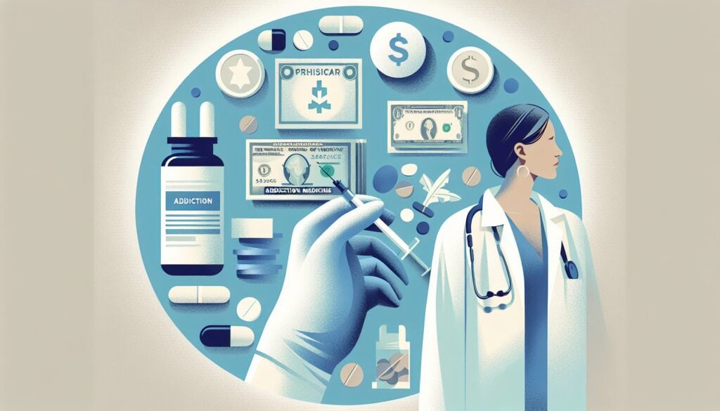Vaccine and medical research illustration with healthcare professional and medication icons.