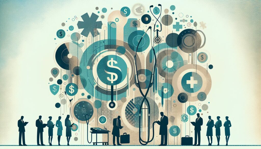 Innovative medical technology with digital health symbols and healthcare professionals.