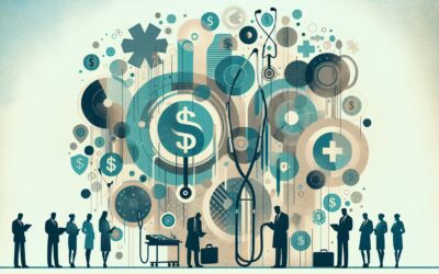 Innovative medical technology with digital health symbols and healthcare professionals.