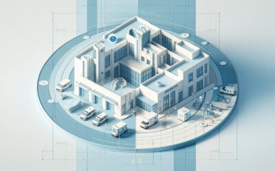 Smart hospital building with advanced medical technology and autonomous vehicles, showcasing innovat.