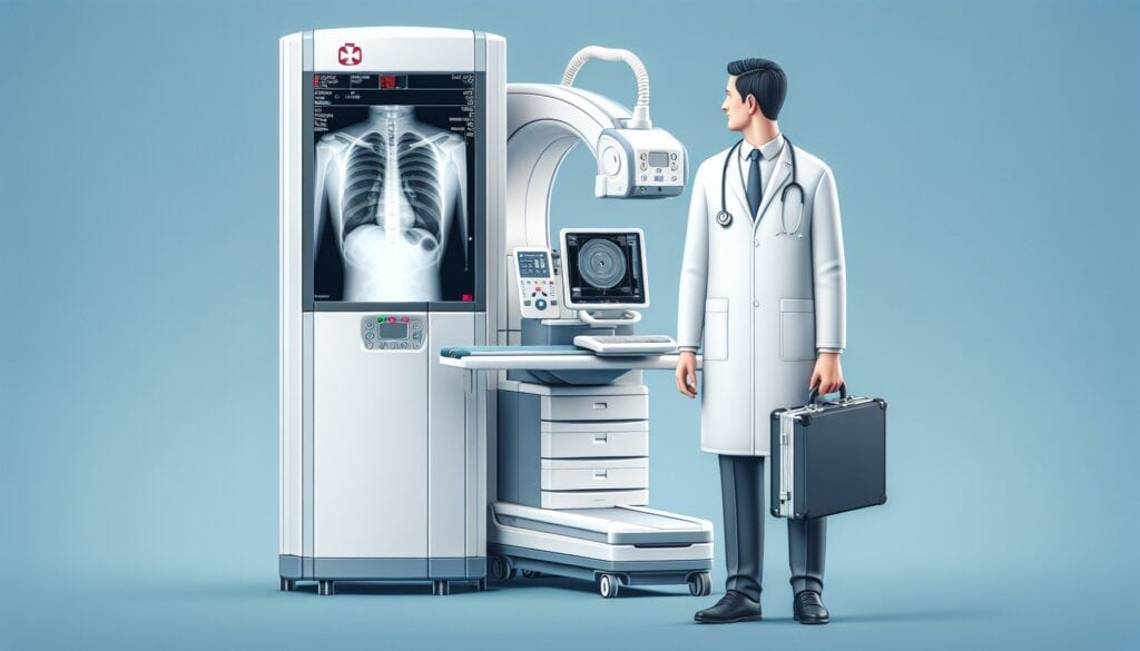 CT scan machine with doctor analyzing medical images for diagnostic imaging.