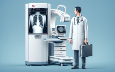 CT scan machine with doctor analyzing medical images for diagnostic imaging.