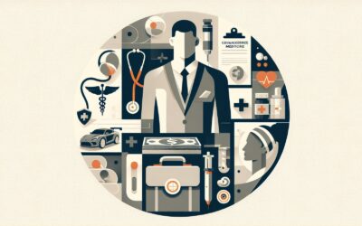 Medical professional illustration with healthcare icons and equipment.
