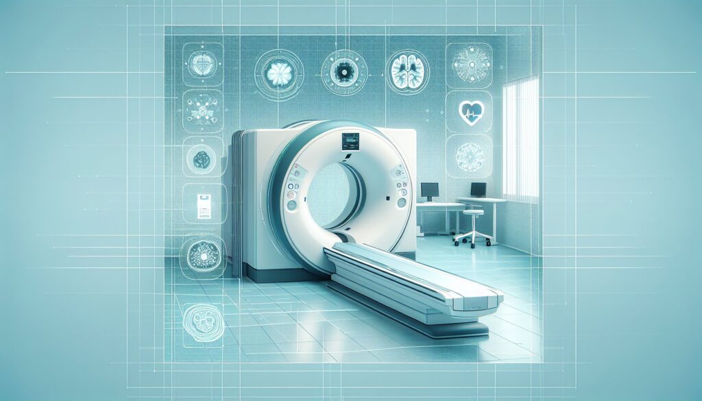 CT scan machine in a modern medical imaging room with digital health icons on the wall.
