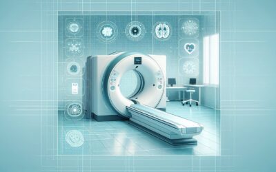 CT scan machine in a modern medical imaging room with digital health icons on the wall.