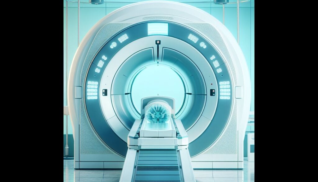 MRI machine with a patient inside for medical imaging and diagnosis.