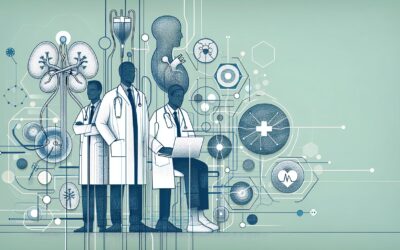 Advanced medical team analyzing human anatomy and health data with futuristic digital interface.