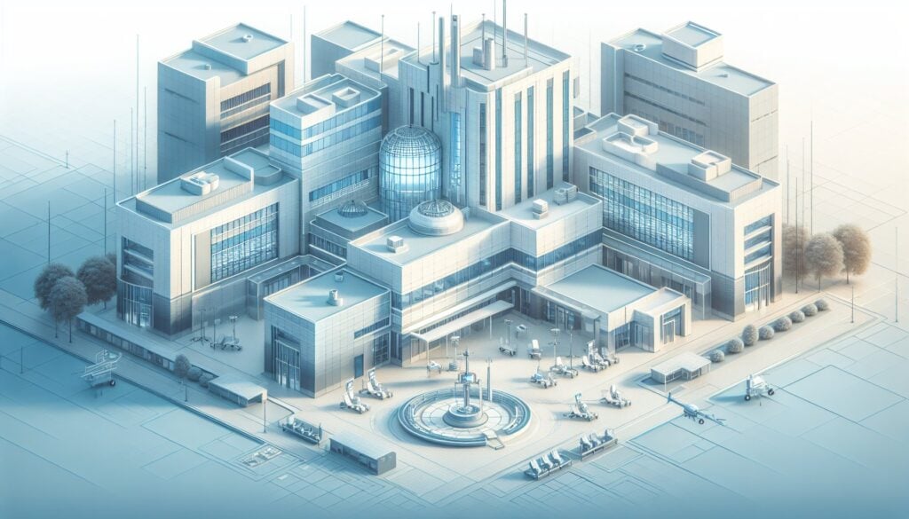 Modern cityscape with tall buildings and a central fountain, showcasing urban development and archit.