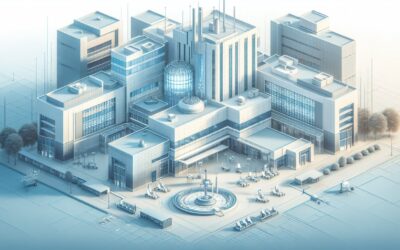 Modern cityscape with tall buildings and a central fountain, showcasing urban development and archit.
