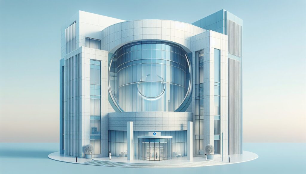 Modern corporate office building with glass facade and futuristic design.