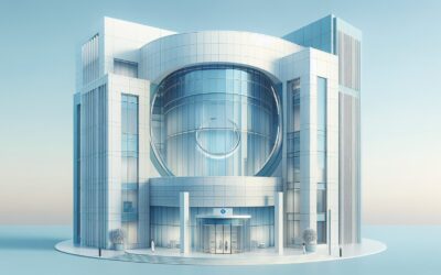 Modern corporate office building with glass facade and futuristic design.