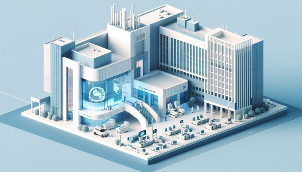 Smart hospital building with advanced medical technology and digital health systems.