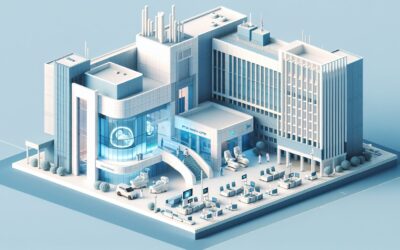 Smart hospital building with advanced medical technology and digital health systems.