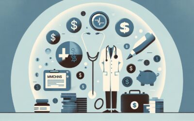 Affordable healthcare and medical services illustration with doctor, stethoscope, and financial icon.