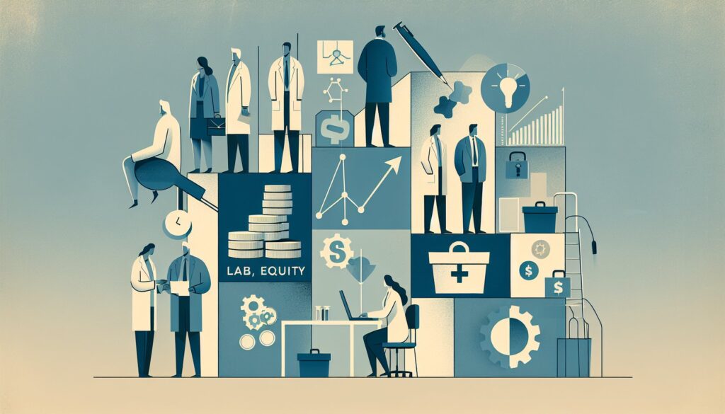 AI-generated image of healthcare professionals and lab equipment representing medical research and l.