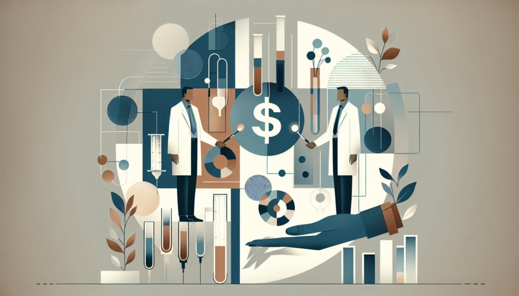 AI-powered medical research and diagnostics illustration with scientists and laboratory equipment.