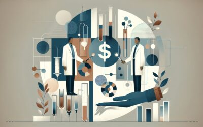 AI-powered medical research and diagnostics illustration with scientists and laboratory equipment.