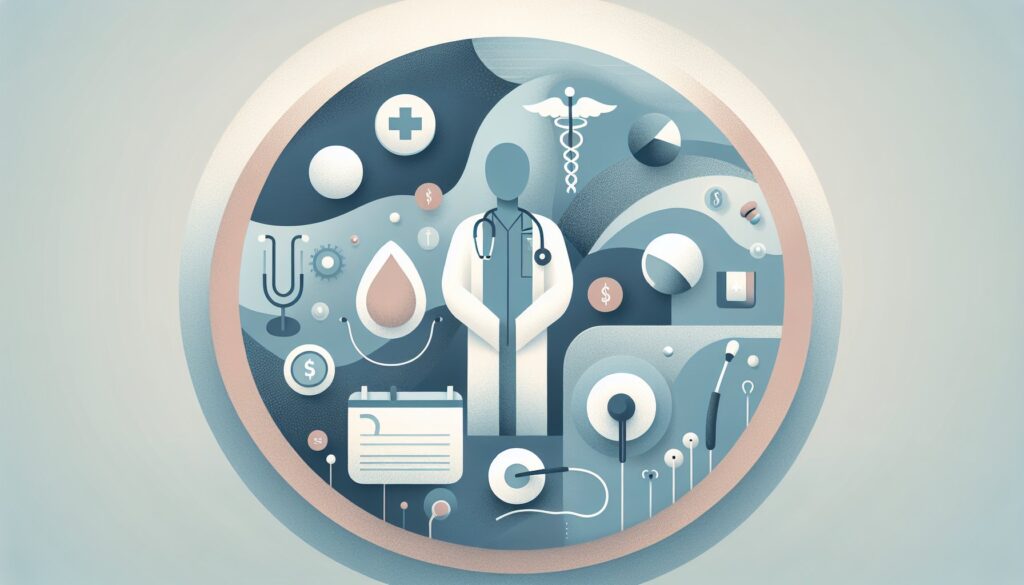 Medical professional with stethoscope and healthcare icons representing medical services and health.