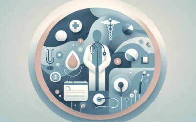 Medical professional with stethoscope and healthcare icons representing medical services and health.