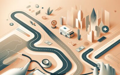 AI-powered healthcare and telemedicine technology with futuristic cityscape background.