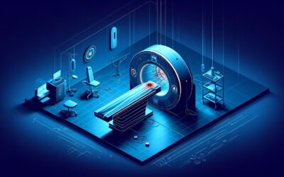 MRI machine scanning in a high-tech medical facility.