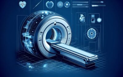 MRI machine in a high-tech medical imaging environment with digital health icons.