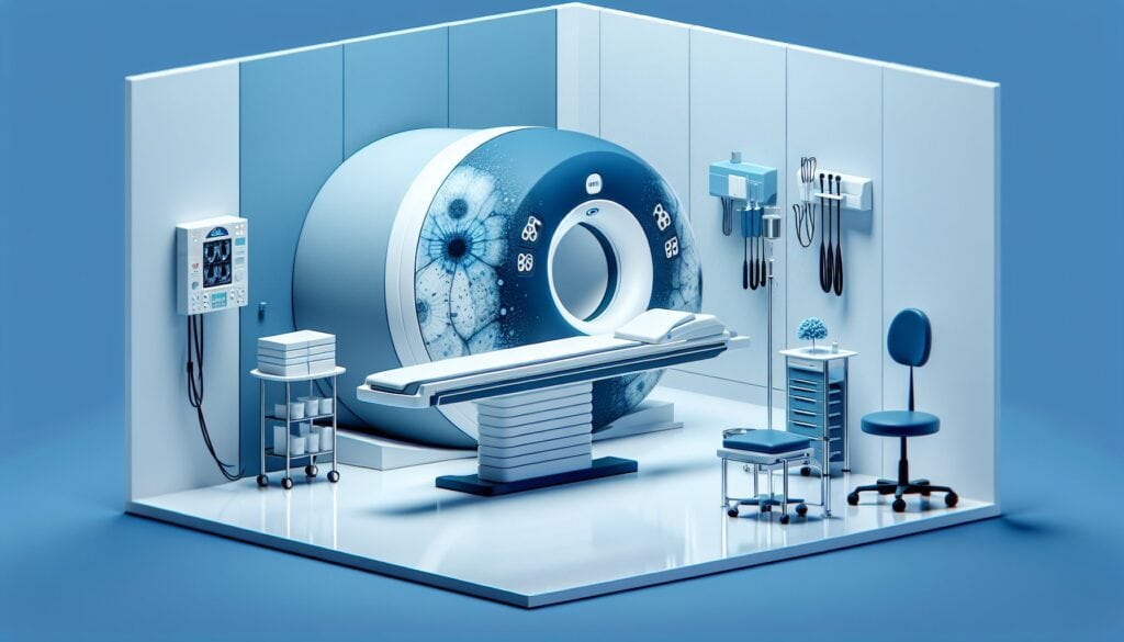 CT scan machine in a medical imaging room for diagnostic radiology.
