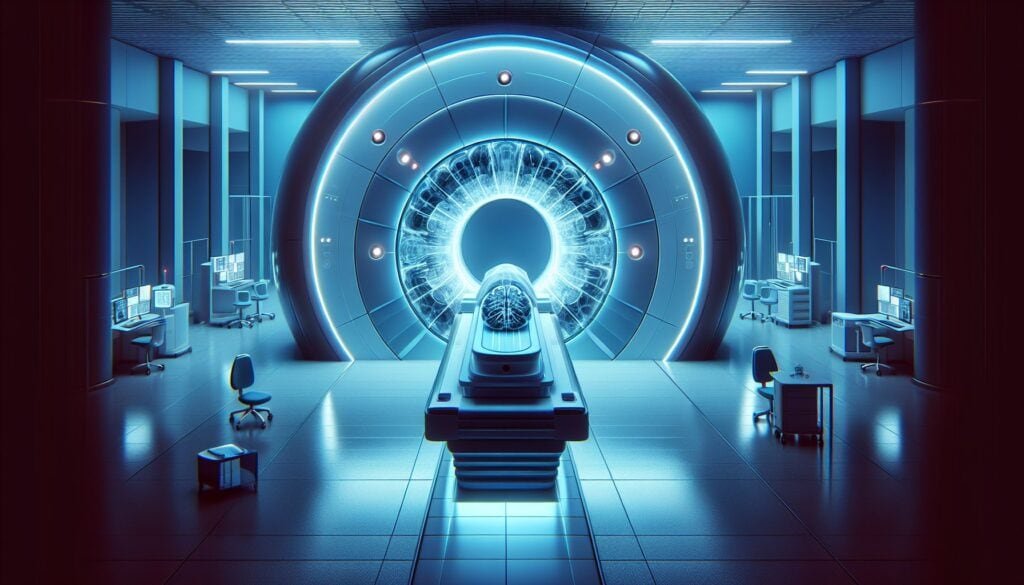 MRI machine in a high-tech medical imaging room, showcasing advanced healthcare technology.