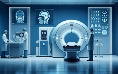 MRI scanner in a medical imaging room with healthcare professionals analyzing brain and body scans.