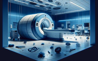 MRI machine in a modern medical imaging room with scattered medical tools and equipment.