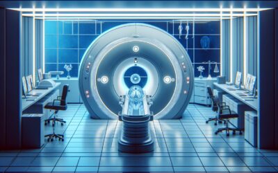 MRI machine in a modern medical imaging room with computer workstations and medical equipment.