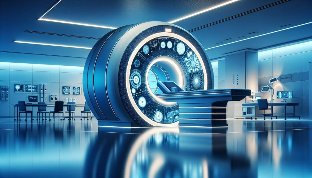 AI-powered medical imaging scanner in a futuristic hospital setting.