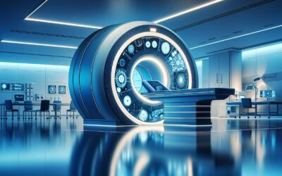 AI-powered medical imaging scanner in a futuristic hospital setting.