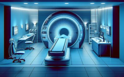 MRI scanner in a modern medical imaging room, illuminated with blue lighting.