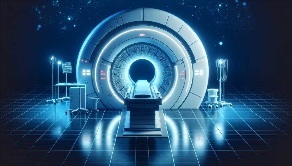 MRI scanner machine in a high-tech medical facility, illuminated with blue lighting.