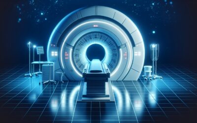MRI scanner machine in a high-tech medical facility, illuminated with blue lighting.