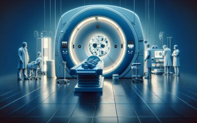 MRI machine in a modern medical imaging facility with healthcare professionals preparing for a scan.