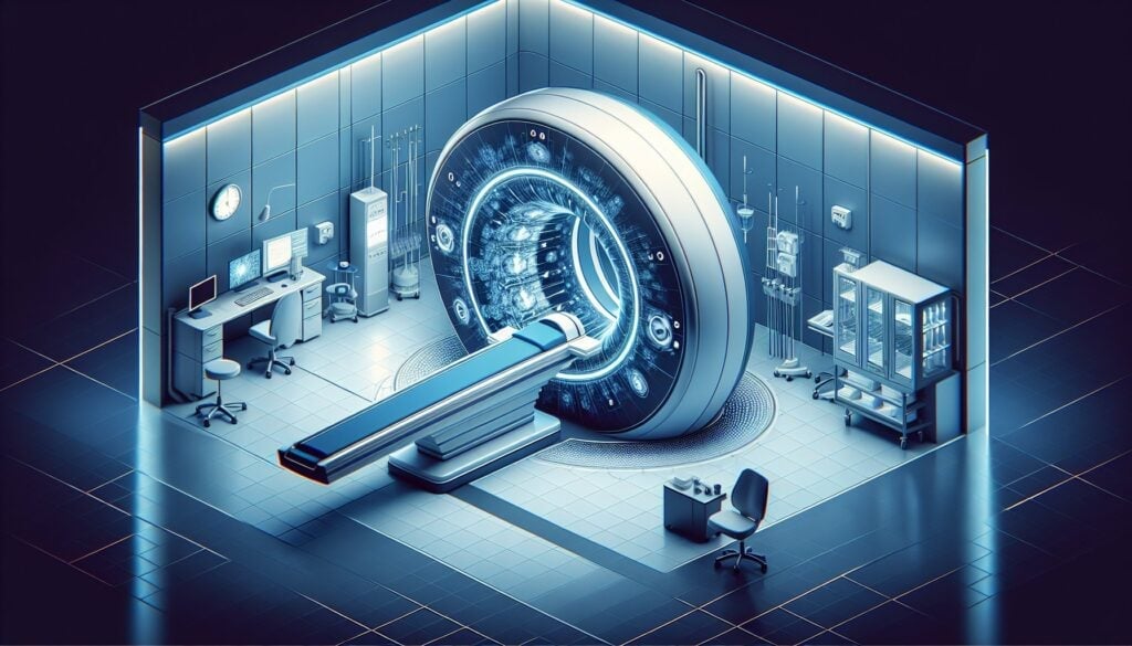 High-tech MRI scanner in a modern medical imaging room with advanced diagnostic equipment.