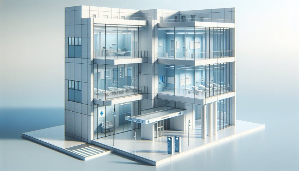 Emergency hospital building with modern glass architecture and medical facilities.