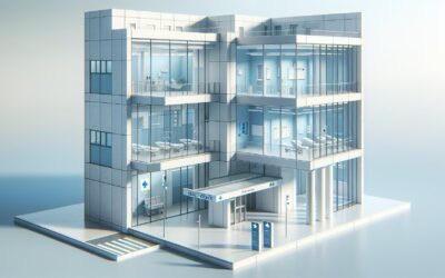 Emergency hospital building with modern glass architecture and medical facilities.