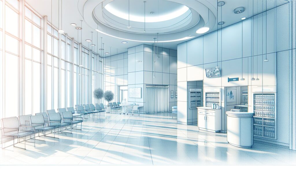 A1: Modern hospital waiting area with seating and medical equipment.