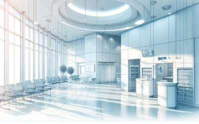A1: Modern hospital waiting area with seating and medical equipment.