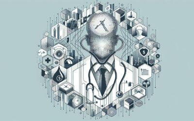 AI-powered healthcare technology illustration with a doctor and digital medical icons.