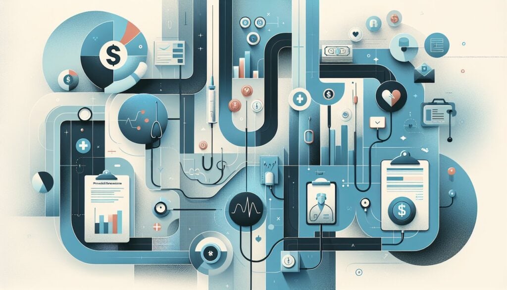 AI-generated medical and health technology illustration with interconnected devices and data icons.