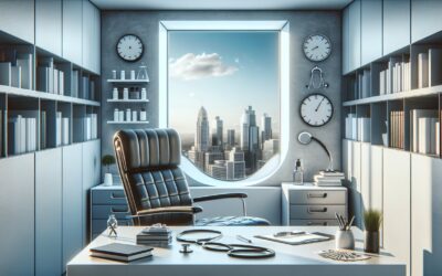 High-rise cityscape view from modern office with large window and city clocks.
