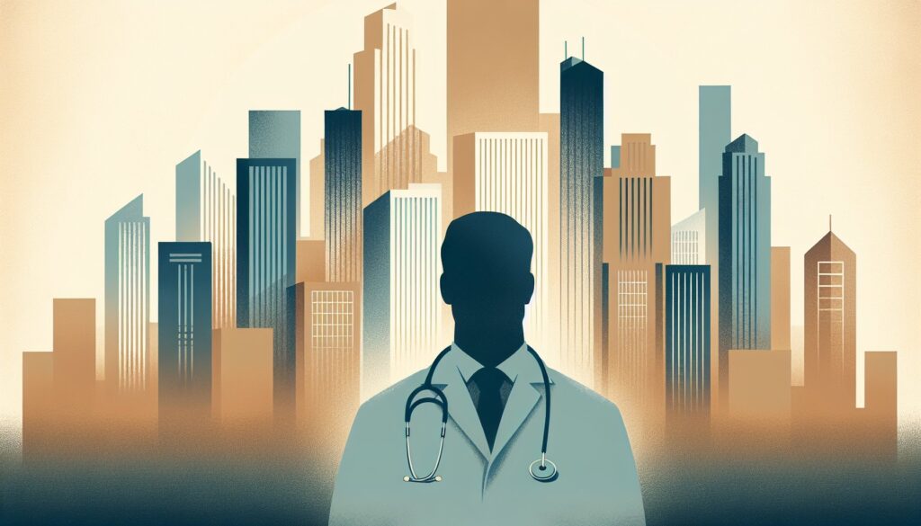 High-rise city skyline with a healthcare professional silhouette in the foreground.